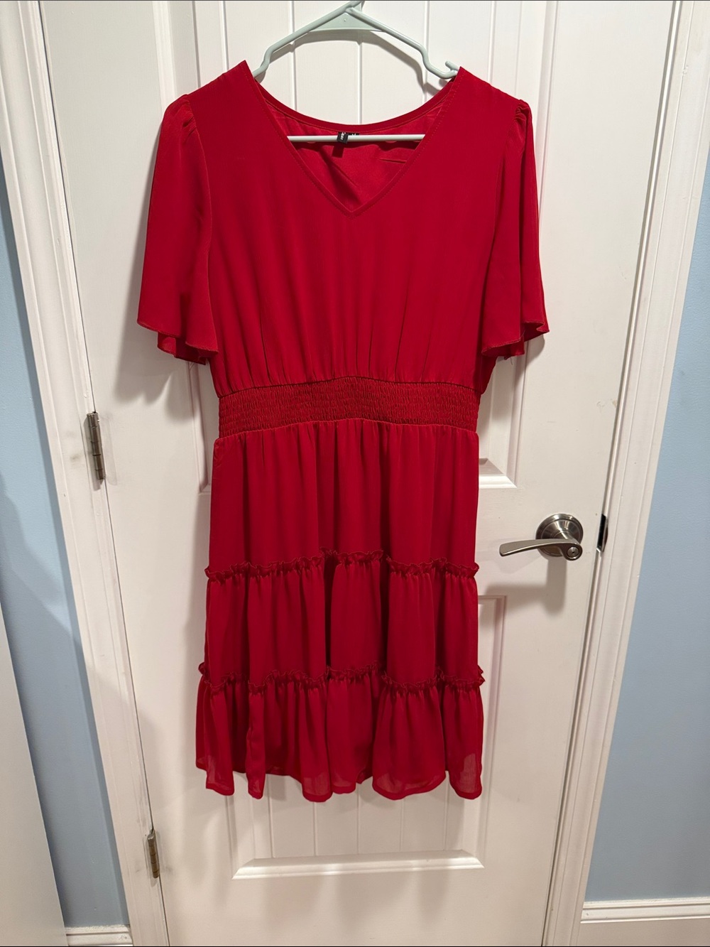 Zattcas Red Summer Dress, V-Neck, Short-Sleeved, Women's Sz. M